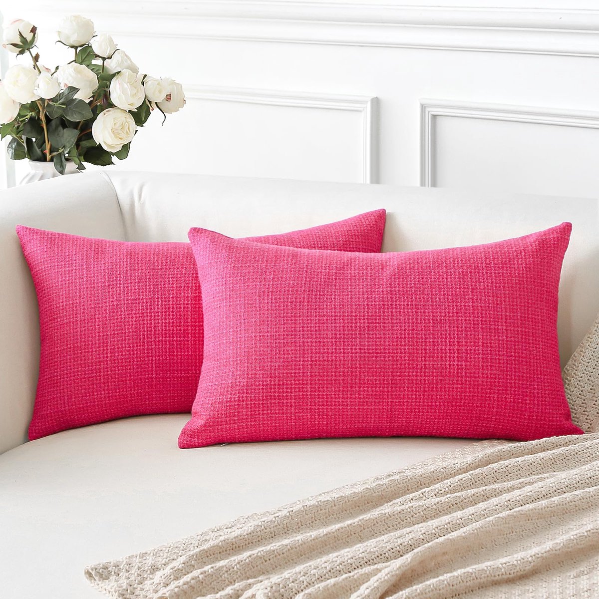 Set van 2 kussenslopen in roze, linnen decoratieve, vierkante kussenslopen van 40 x 60 cm, voor woondecoratie, bank, slaapkamer, auto (roze roze, 16 x 24)