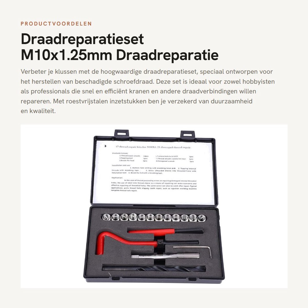 Dailygoods- Draadreparatieset M10x1.25mm - 12 Stuks - Roestvrij Staal - Inclusief Spiraalboor/Schroeftap/Inbussleutel - Voor Kranen/Beschadigde Draad Reparatie - Hoogwaardige Kwaliteit - Draadreparatiehulpmiddel