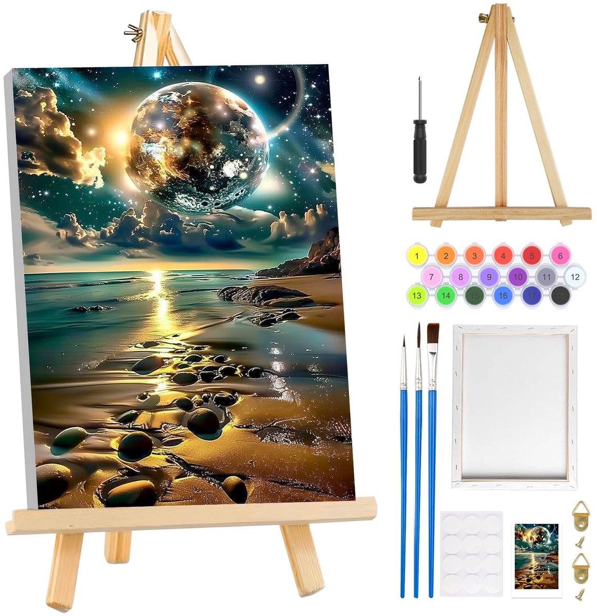 Dailygoods- Schilderen op Nummer - Sterrenhemel met Lijst - DIY Kunst Kit - Houten Ezel - 3 Penselen - Creatieve Vrije Tijd Volwassenen - Doe-het-zelf Schilderij