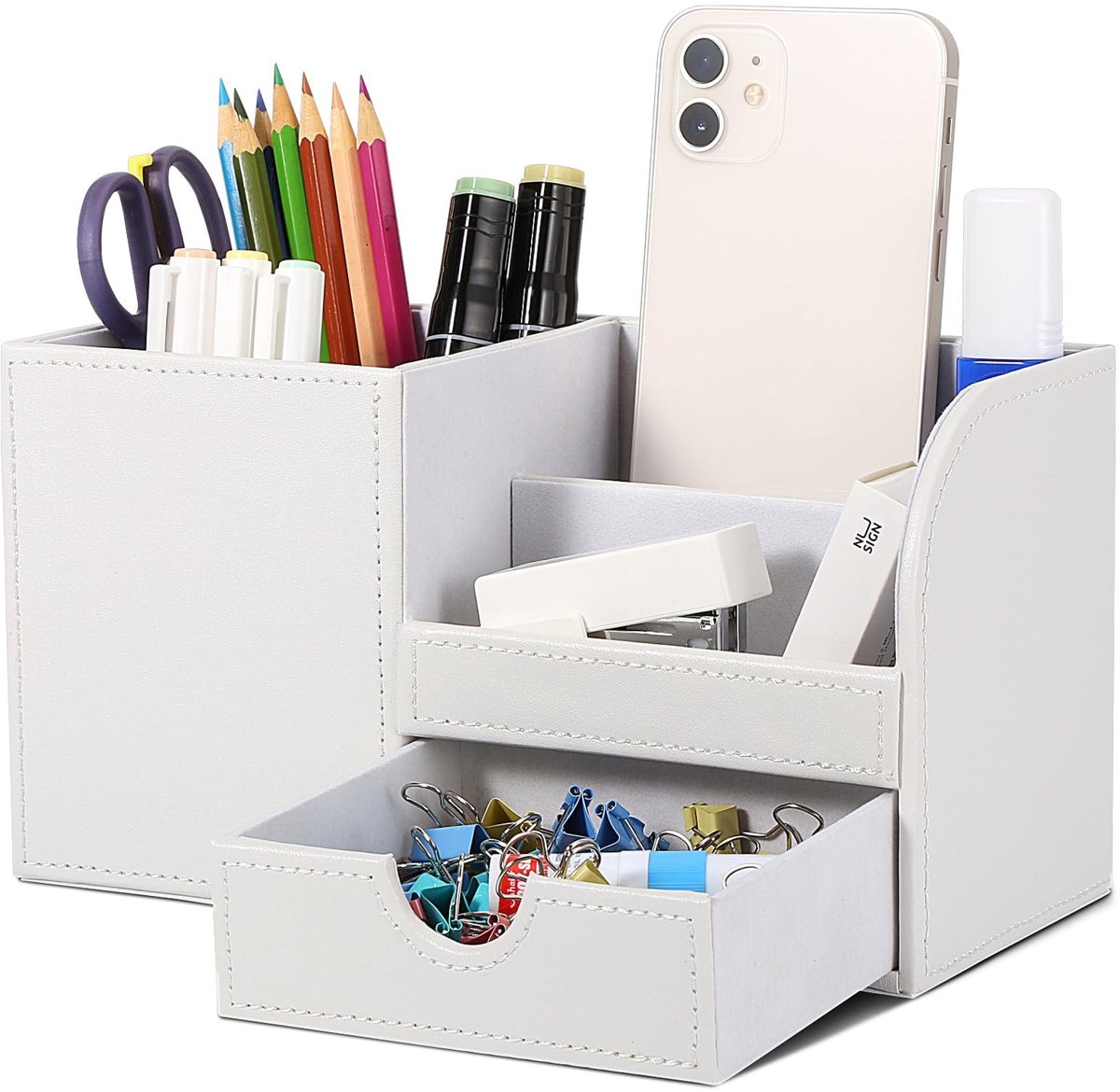 Dailygoods - GORESE Bureau Bureau Organizer Pennenhouder Bureau PU Lederen Kantoor Potloodhouder Organizer Pen Box Pennenkoker Desktop-Bureau Accessoires Kantoorbenodigdheden Organisatiedecoratie (wit 2)