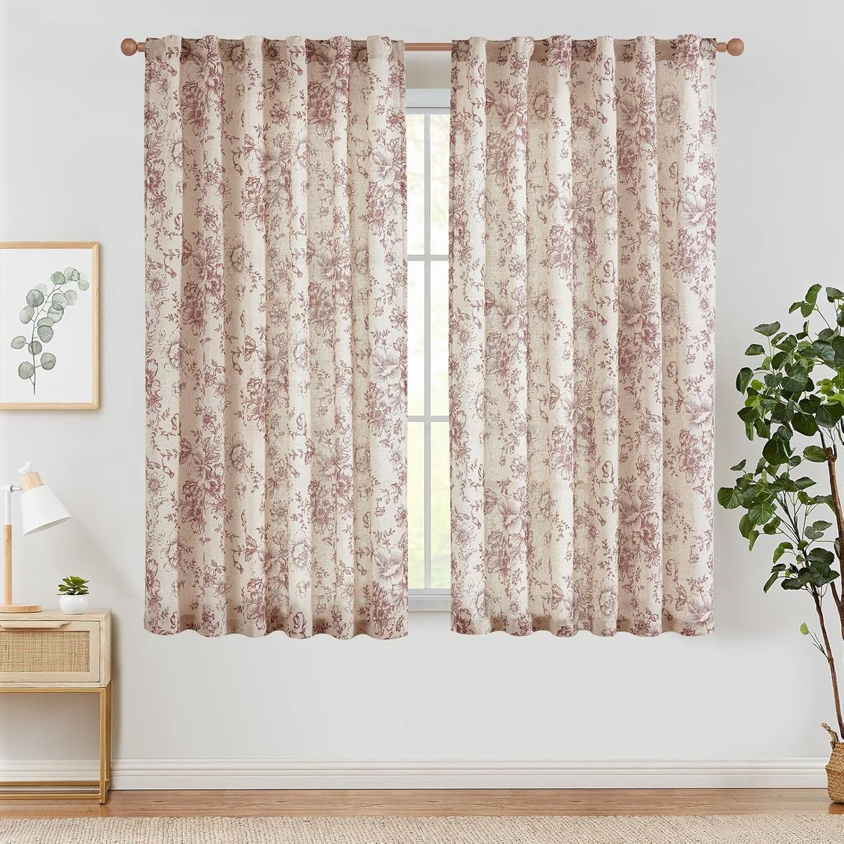 Linnen gordijnen, bloemen gordijnen met verborgen lussen, lichtdoorlatend, boerderij, lange gordijnen, raamsjaal voor woonkamer, slaapkamer, raam, set van 2, 140 B x 145 H (cm), rood op beige