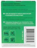 Achterkant van een groene verpakking met Nederlandse, Engelse, Franse en Duitse producteigenschappen, iconen en barcode.