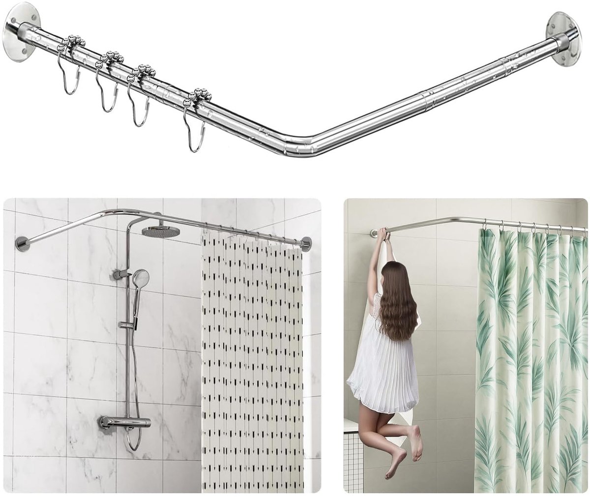 roestvrij staal 304 L-vormige badkamer douchegordijn hoekbadkuip rek roestvrij staal (zilver, 70-100 x 70-100 cm)