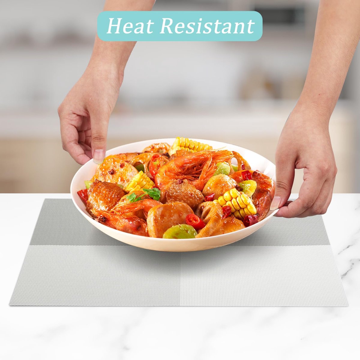 Placemats met rasterpatroon, set van 6, 30 x 45 cm, antislip, hittebestendig vinyl, wasbaar, waterdicht, voor binnengebruik, keuken, eetkamer, feesttafel, decoratie