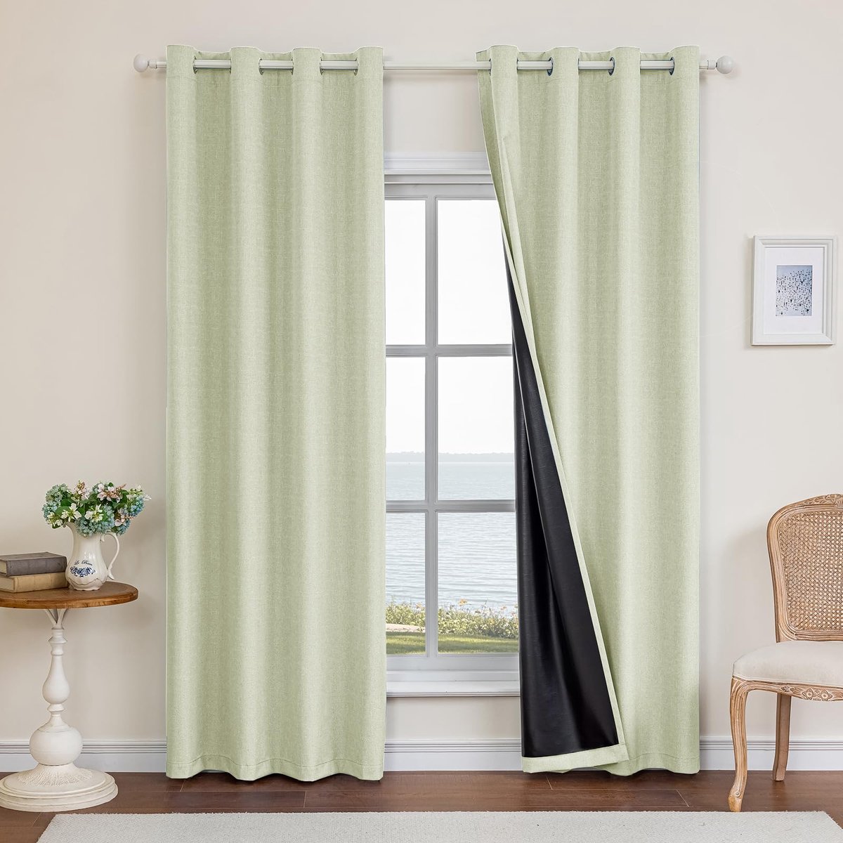 100% Verduisterend Linnen Effect Gordijnen Set Van 2, 140x260cm, Ondoorzichtig Warmte-Isolerende Thermische Gordijnen Met Ringen, Geluidsbescherming, Voor Slaapkamer Woonkamer, Felgroen
