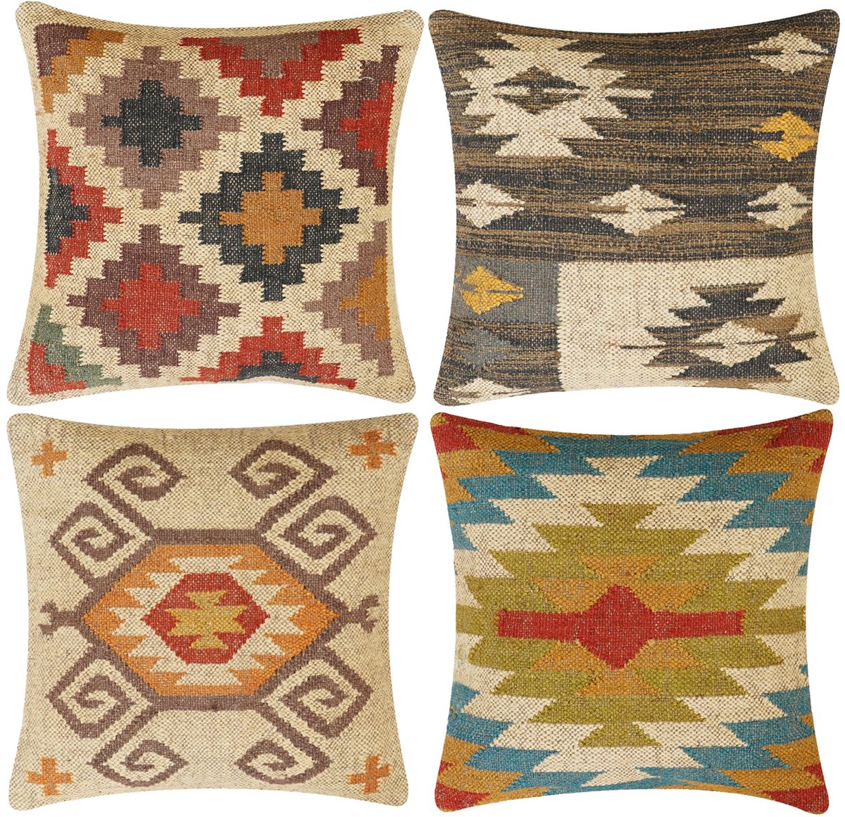 4-delige set wol jute kelim kussenhoes vintage handgeweven Turkse kussensloop decoratieve worp (Stijl- 05)