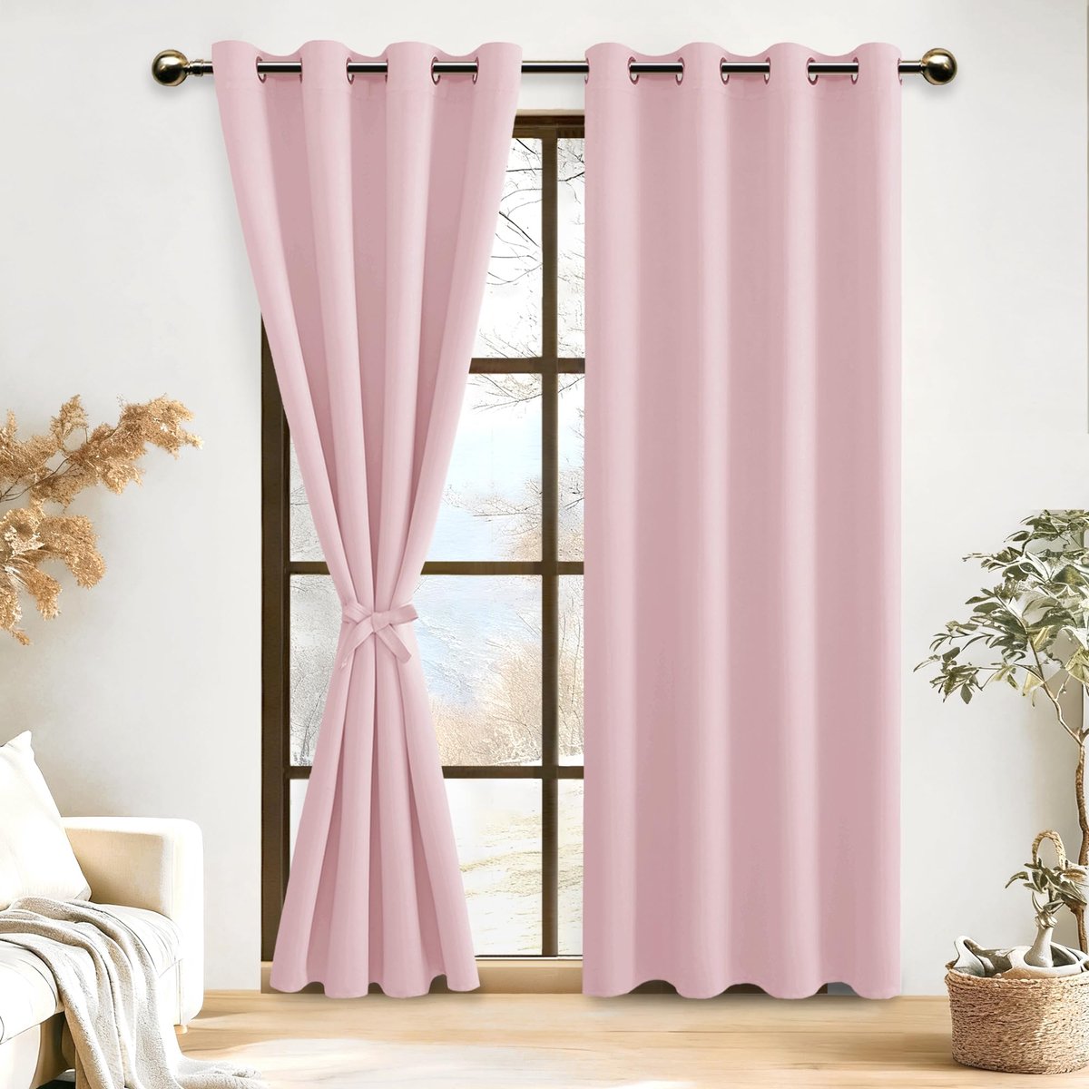 Set van 2 Gordijnen Verduisterend met Oogjes voor Meisjeskamer en Kinderkamer, Deurgordijn Thermische Gordijnen met Ringen, Keuken, Kant en Klaar, 140x245 cm (B x H), Roze