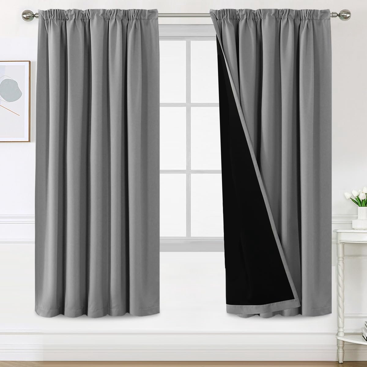 100% verduisteringsgordijnen voor binnen, 2 stuks, 132 x 214 cm, gordijnen voor slaapkamer, warmte-isolerend, voor woonkamer, elegant, modern, geluidsabsorberend gordijn, grijs