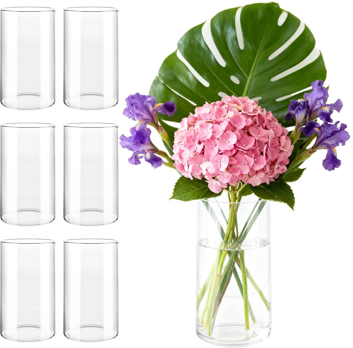 Set van 6 glazen vazen, 15 cm hoog, glazen cilinder voor kaarsen, windlicht, bloemenvaas, glazen cilinder met bodem voor kaarsen, bloemen, kiezelstenen, schelpen, decoratie