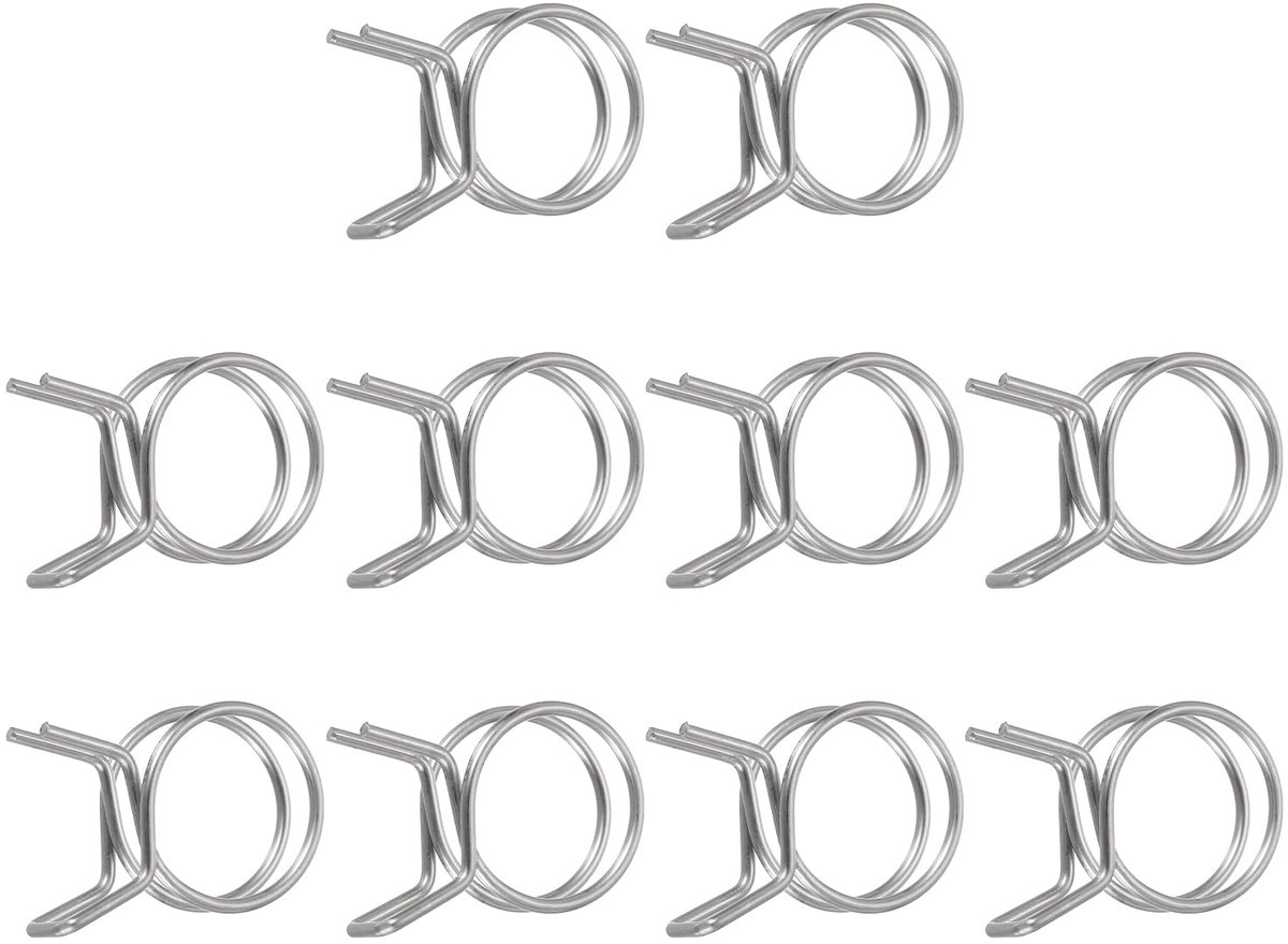 10 stuks 19 mm binnendiameter dubbele draadveer, slangklem, roestvrij staal, verstelbare veerclips voor slang, brandstofleiding, siliconen slang, waterbuis, luchtbuis