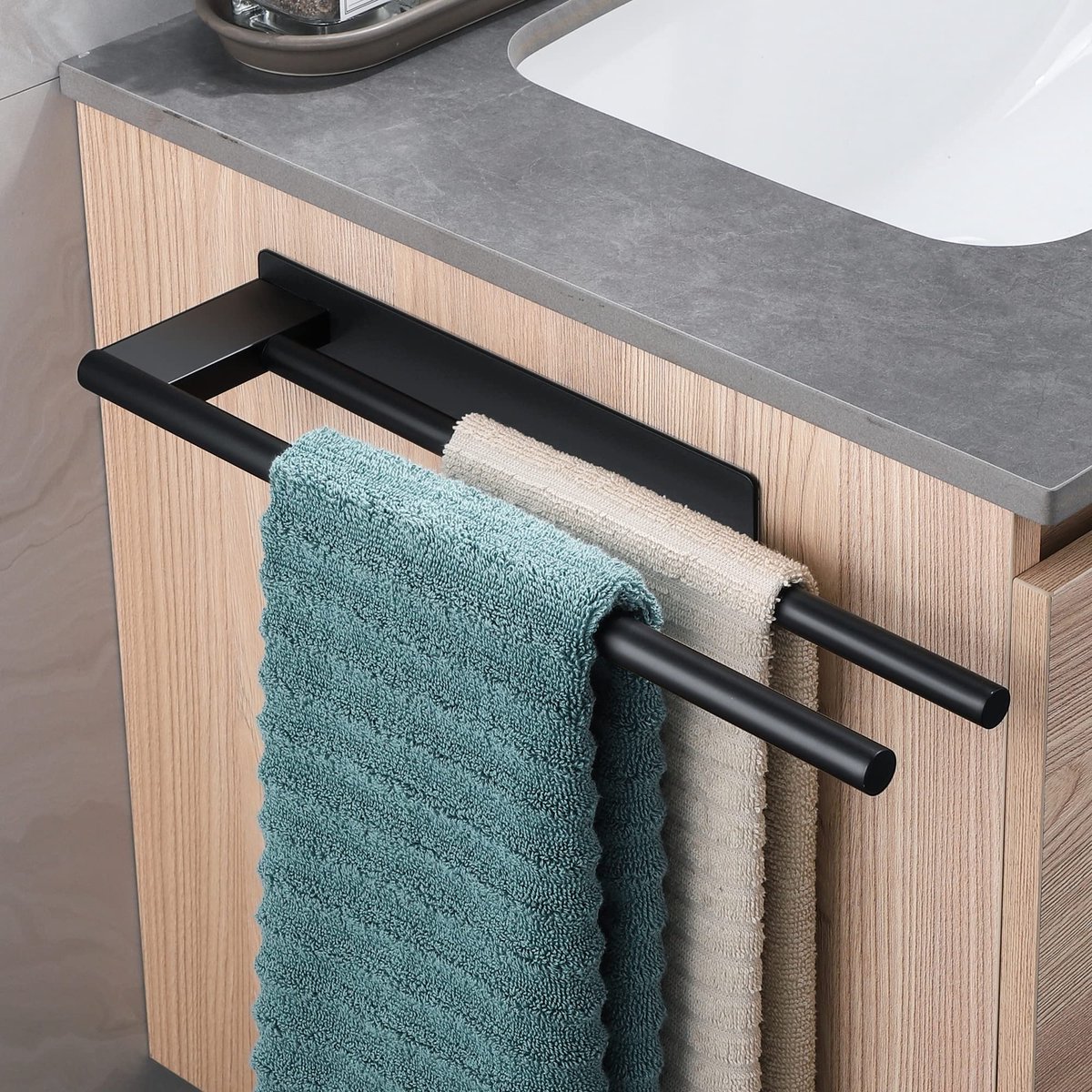 Handdoekhouder, zonder boren, roestvrij staal, handdoekstang, zelfklevend, twee armen, gastendoekhouder, wandmontage, voor badkamer, keuken, mat zwart