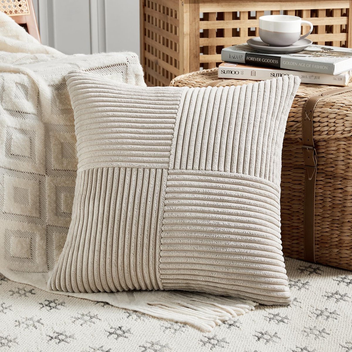 Kussenhoes, 70 x 70 cm, zachte corduroy kussenhoes, decoratieve kussenhoes, sofakussen, decoratief kussen, boho decoratie voor sofa, slaapkamer, woonkamer, balkon
