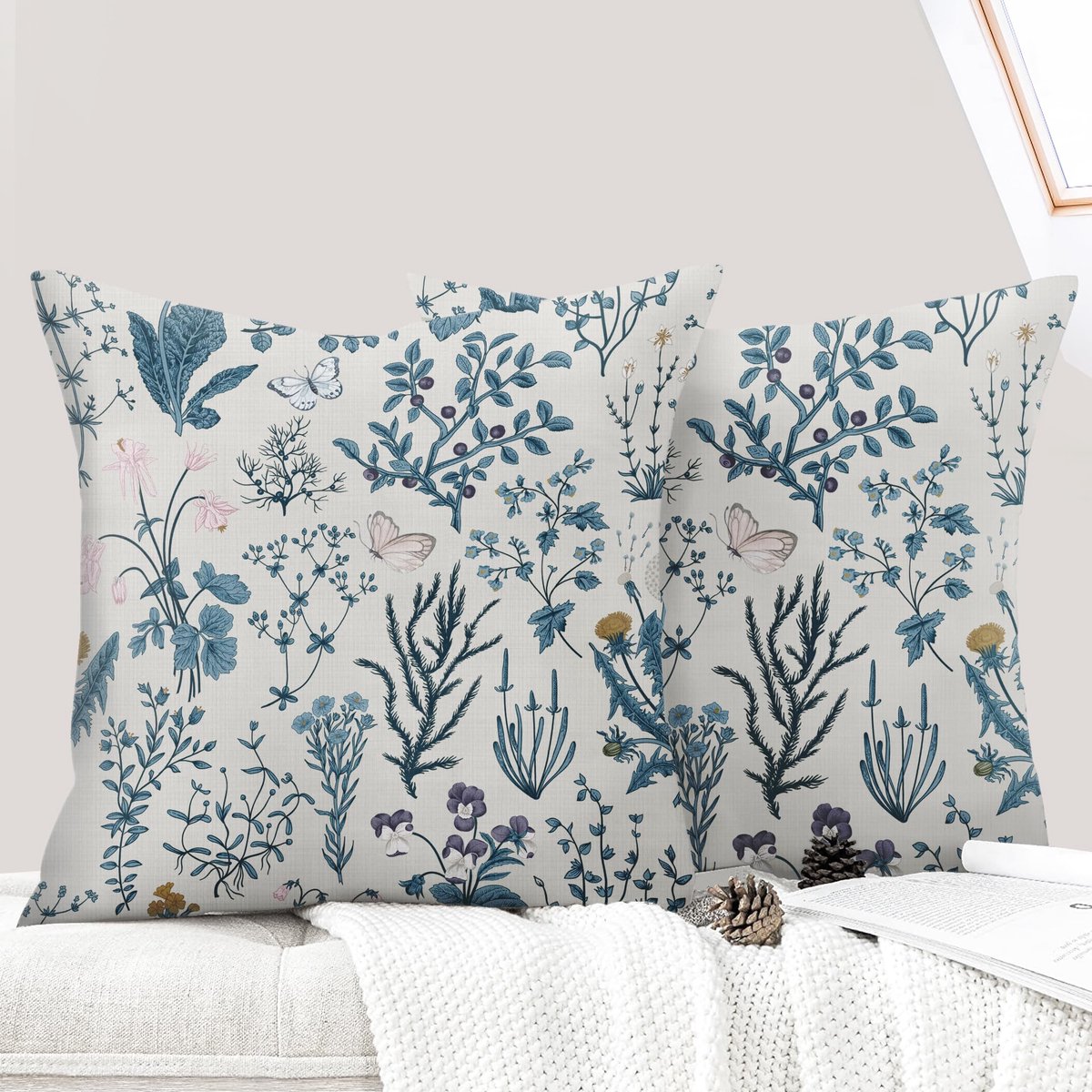 Set van 2 decoratieve kussenslopen, 45 x 45 cm, bloemen, decoratief, bloemenmotief, kussensloop voor slaapkamer en boerderij, huis, woonkamer, retro bloem, blauw