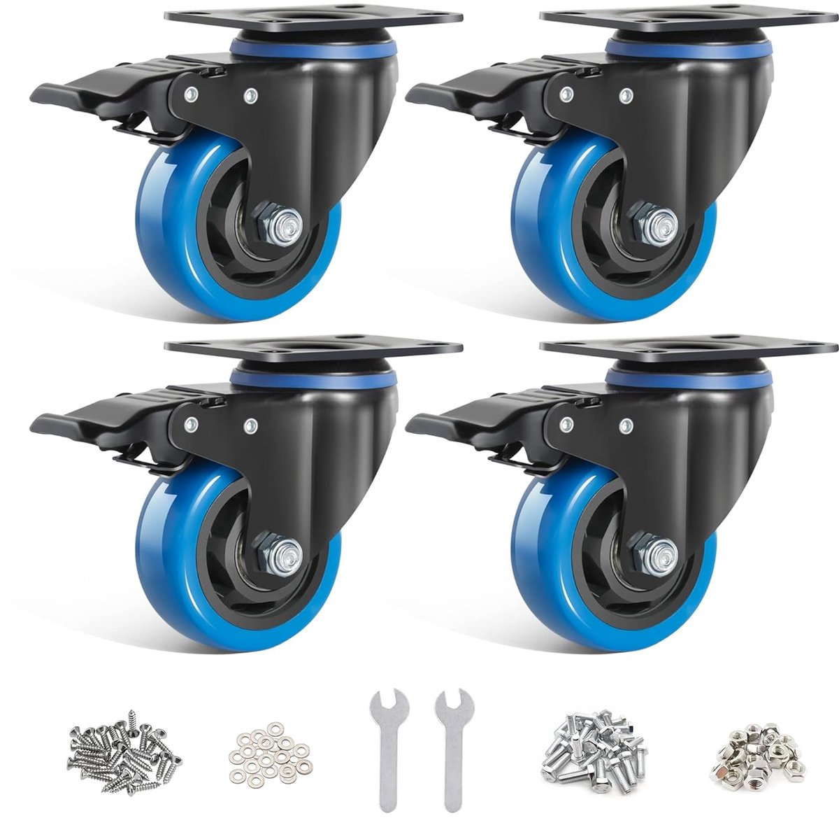 Zwenkwielen 4 stuks set - meubelwielen tot 500KG, 360° draaibaar, zware wielen met rem, inclusief schroeven en stofdichte ringen, geschikt voor binnen- en buitengebruik