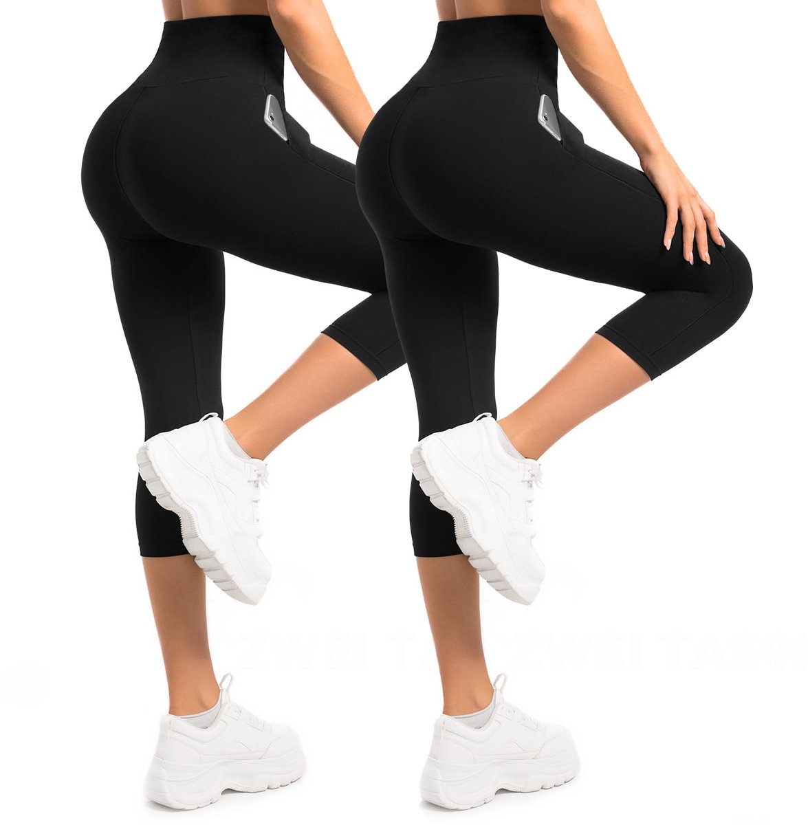 3/4 leggings met zakken, set van 2 caprileggings met hoge taille voor dames, boterzachte, elastische broek voor workout, sportschool en yoga