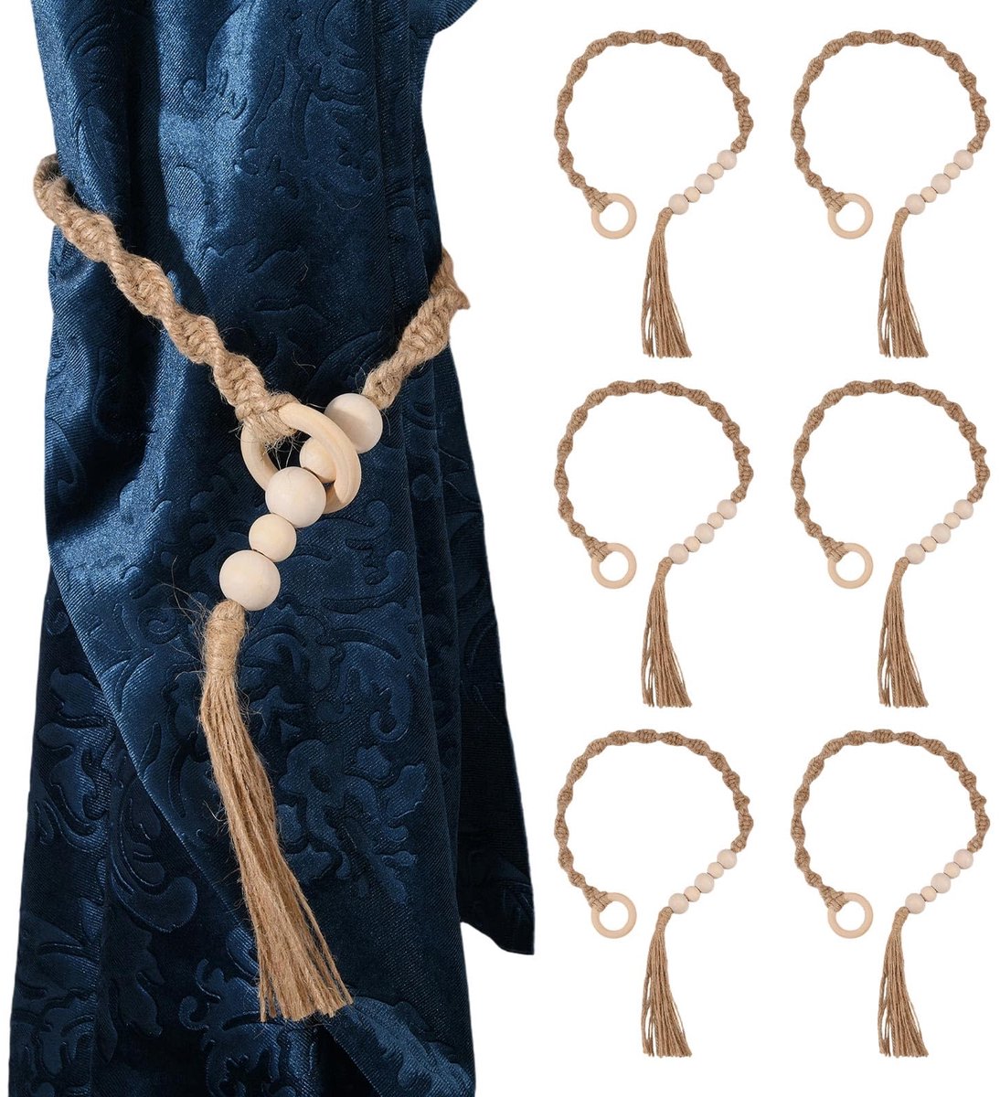 Gordijnbinders met houten kralen, jute touw gordijn houders met kwastjes voor thuis, kantoor, woonkamer, slaapkamer decor