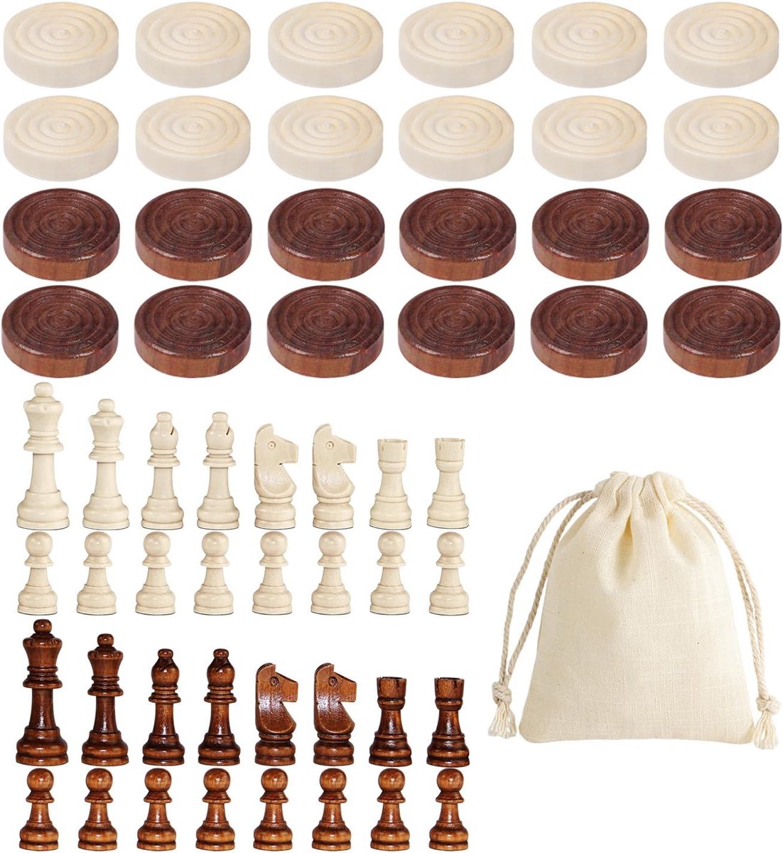 Dammen en 1 schaakset met 1 opbergtas, houten schaakstukken, bordspel, interactief spel