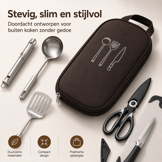 Kampeerservies Set 8-Delig - Lichtgewicht RVS Kookset voor 2-3 Personen - Outdoor Picknick, Glamping & BBQ - Compact Opbergtas - Bruin — afbeelding 4