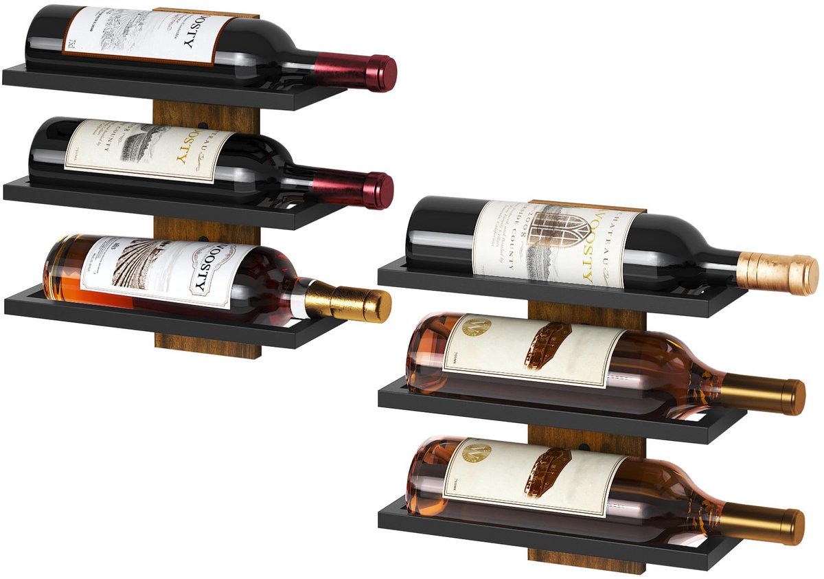 Wijnrek muur flessenrek,flessenhouder set van 2, Wandwijnrek met 3 niveaus,kelderrek,Wijnrek van Houten,hangend wijnflessenrek voor keuken, bijkeuken, eetkamer, bar, wijnkelder, zwart