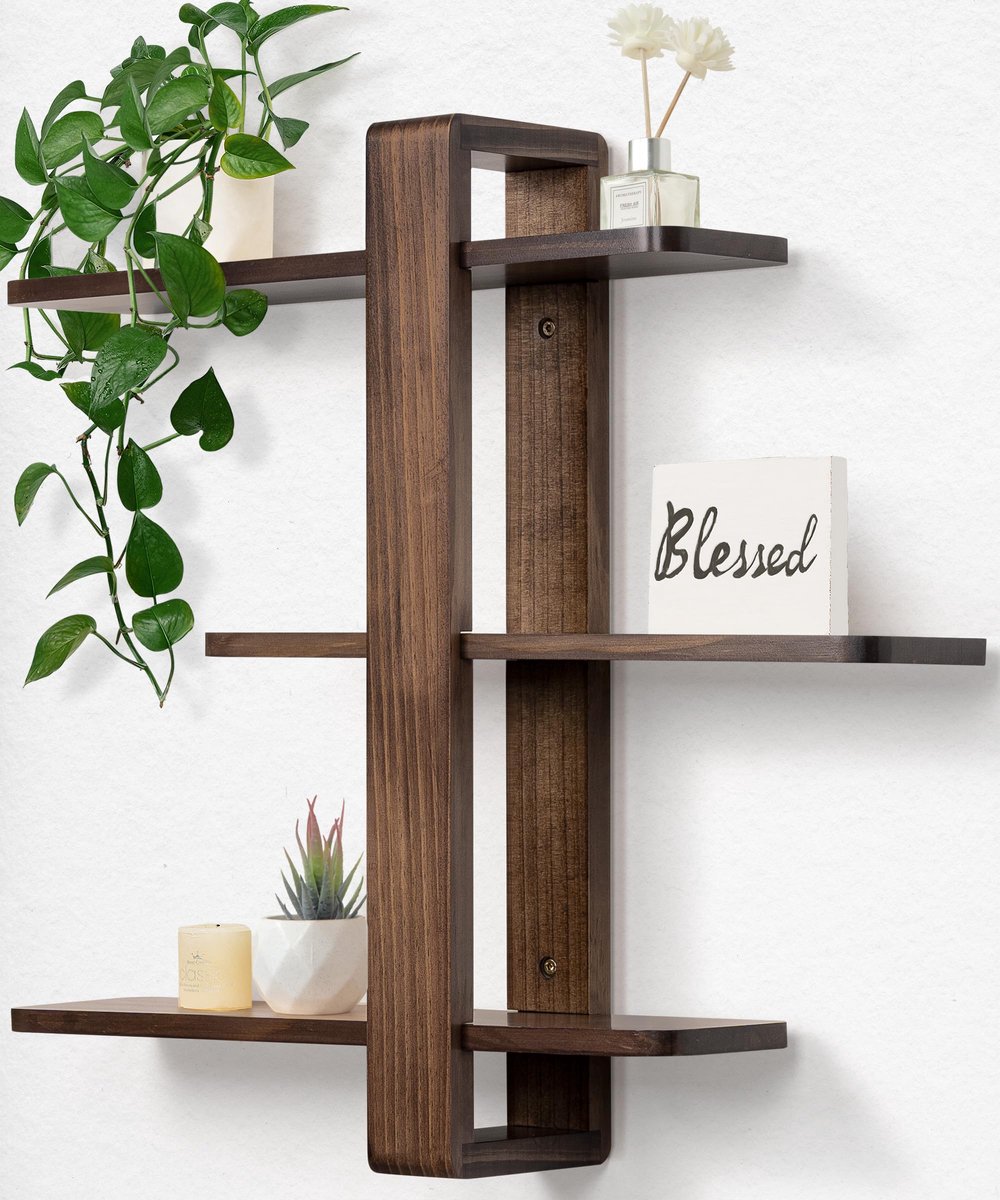 Zwevende planken voor muur walnoot gemonteerde plankunit voor woonkamer slaapkamer badkamer mid-century modern decoratieve opslag plant foto display woondecoratie 3 niveaus groot 51 cm All Pine