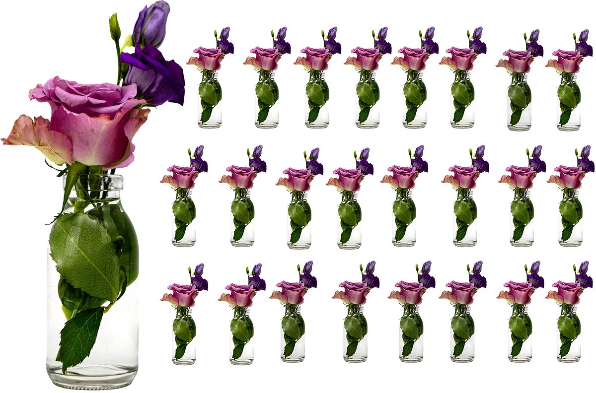 24 x kleine vazen glazen flessen 10,5 cm hoog C-Dko-TR glazen flessen Landhuis vintage vaas fles glas helder mini melkflessen decoflessen C-Deko-TR (24 x vaas)