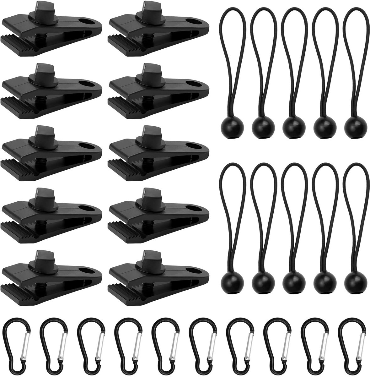 10 robuuste zeilklemmen met karabijnhaakclip en kogelbungee-koorden, multifunctionele luifelclips + bungeeclips voor dekzeil, luifels, camping