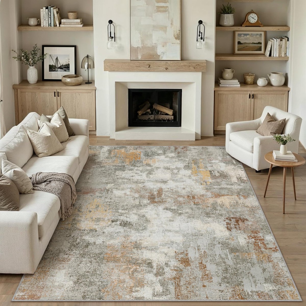 Modern abstract tapijt voor de woonkamer, 200 x 300 cm, grote tapijten, slaapkamer, vintage tapijt, antislip, wasbaar, laagpolig, voor woonkamer, keuken, kantoor, binnen, oranje en grijs