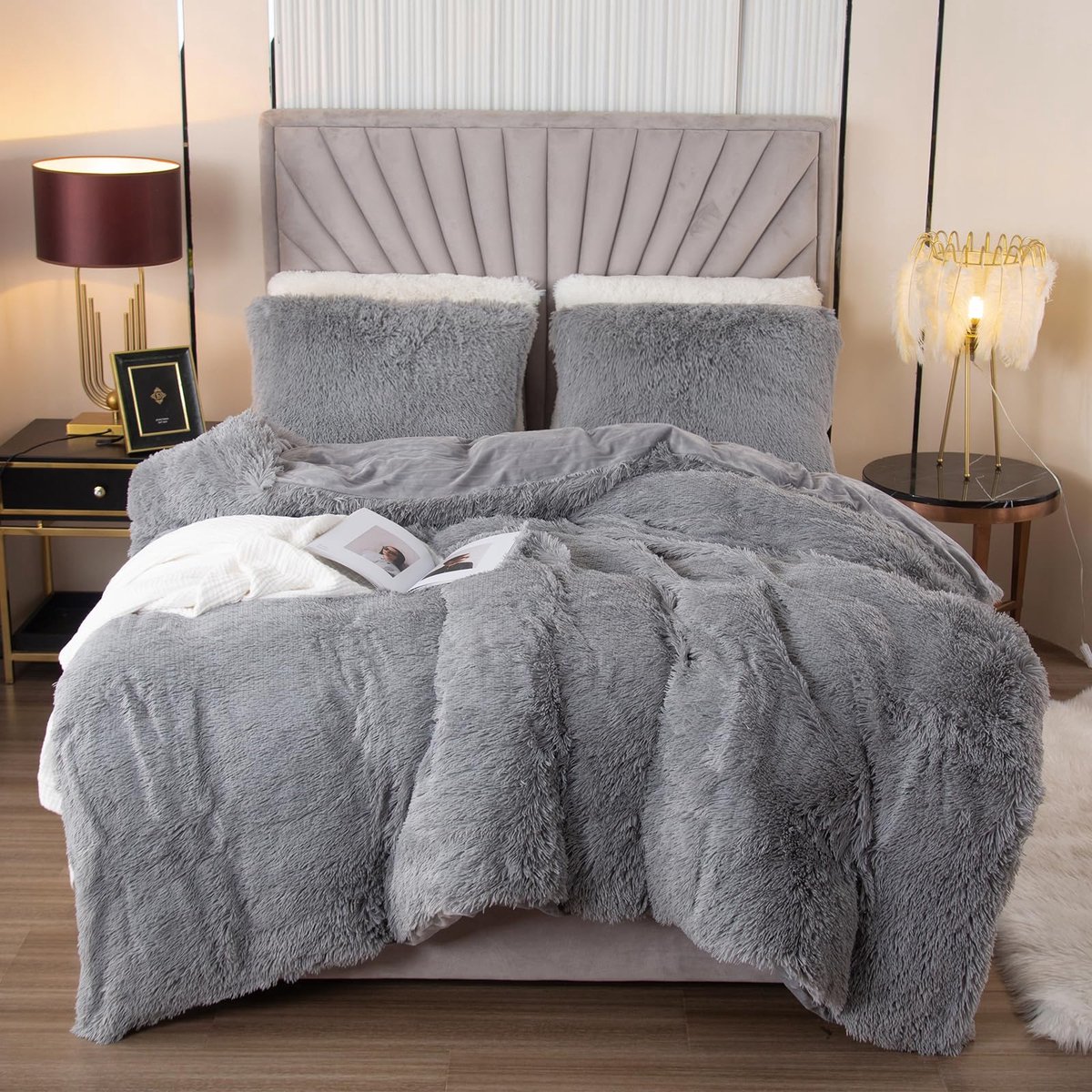 Pluche beddengoedset, 200 x 200 cm, flanel, wollig, dekbedovertrekset voor bed, shaggy en pluche, zachte dekbedovertrekken en 2 kussenslopen 80 x 80 cm (grijs)
