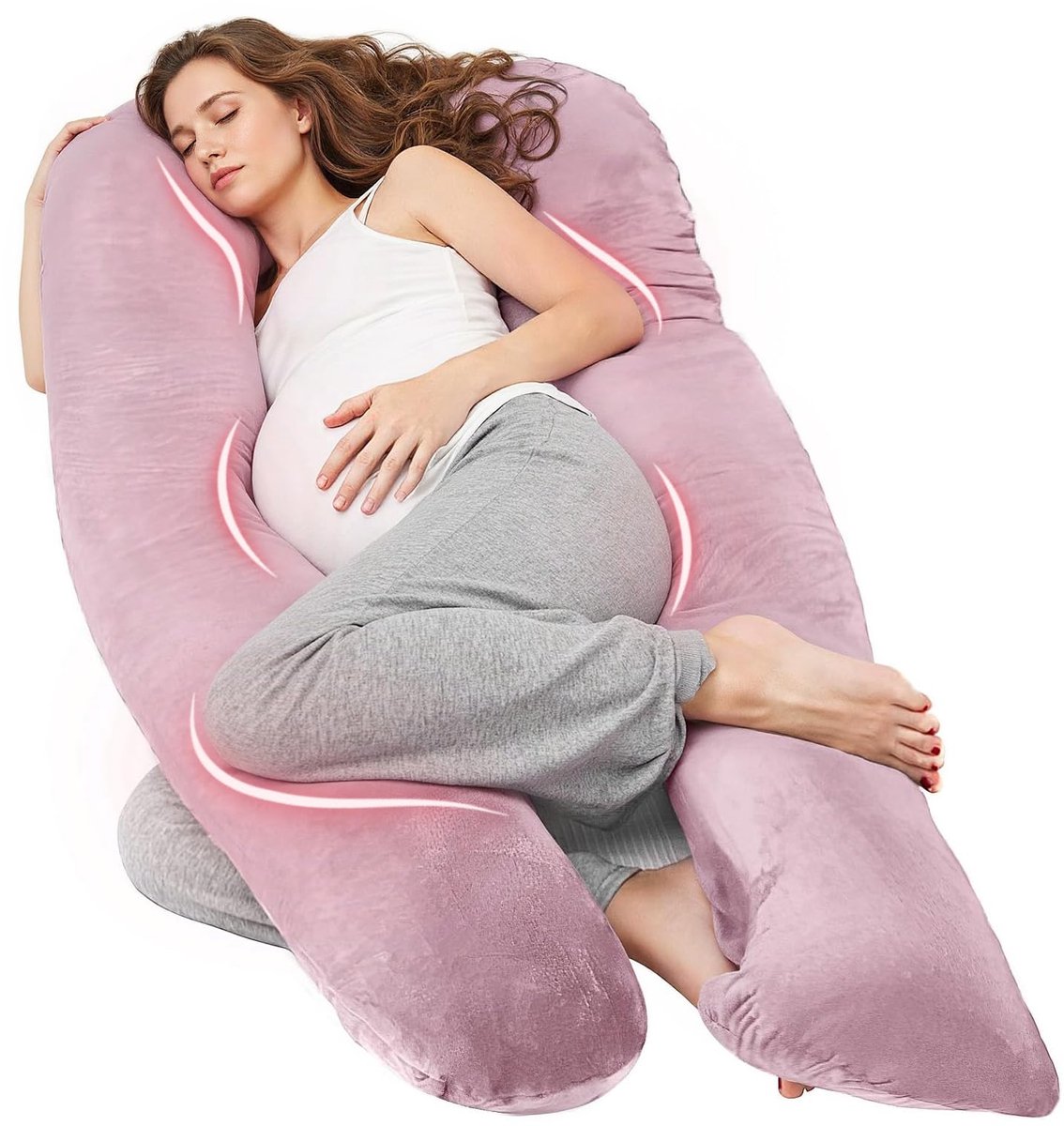 Zijslaapkussen, U-vorm met wasbare overtrek, super comfortabel comfortkussen ter ondersteuning van rug, heupen en benen voor zwangere vrouwen (oudroze)