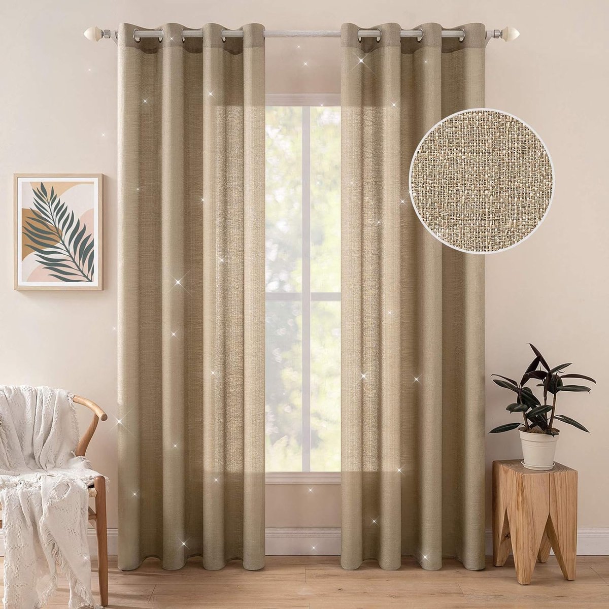 Gordijnen, met inslagringen, transparant, linnen, gordijn met ogen, kleurverloop, luchtig, lichtdoorlatend, decoratief gordijn voor de slaapkamer, goudbruin, 140 x 215 cm (H x