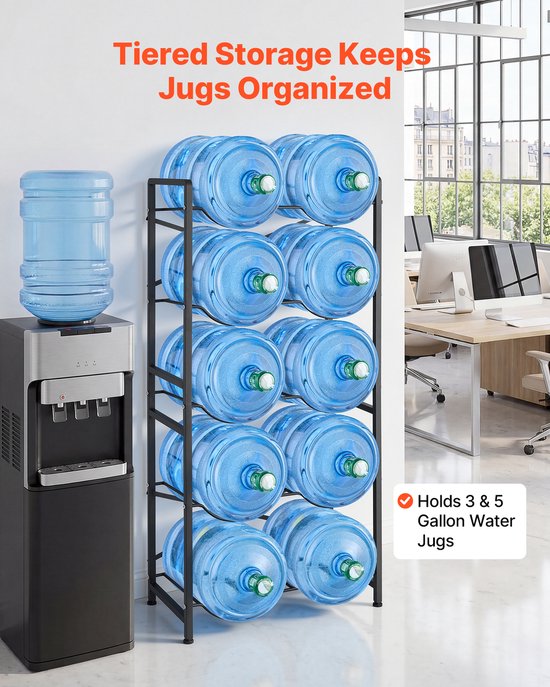 VEVOR Waterkanhouder, 5 Lagen, Dubbele Rijen, voor 10 Gallons (Ca. 38 Liter), Waterkanrek, Waterdispenserrek, Waterflessenrek, Watercontainerrek voor Keuken, Kantoor, Woonkamer, Zwart — afbeelding 5