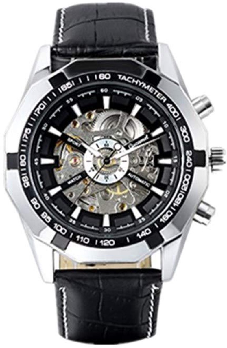 JewelryWe Polshorloge voor heren – skelet herenhorloge van roestvrij staal, zwarte lunette, automatisch, mechanisch, Leren band., Kerstdag, Verjaardag