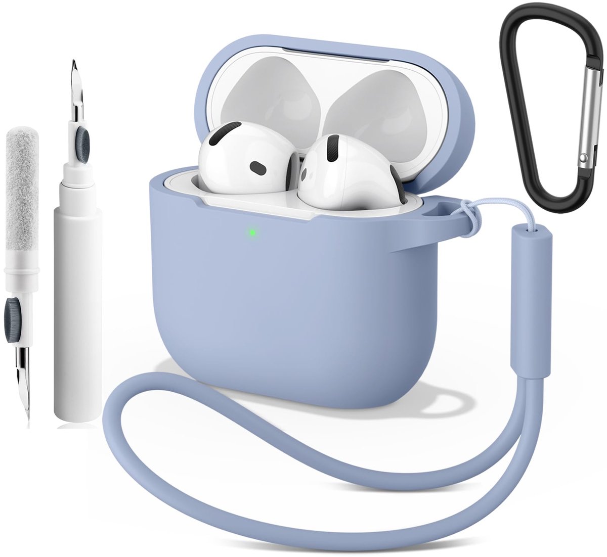 hoes voor AirPods 4 (2024) met reinigingspen, karabijnhaak en lanyard, 2 mm dun, schokbestendig, anti-kras, 4-in-1-set, Air Pods 4e generatie accessoire, compatibel met AirPods 4 (2024)