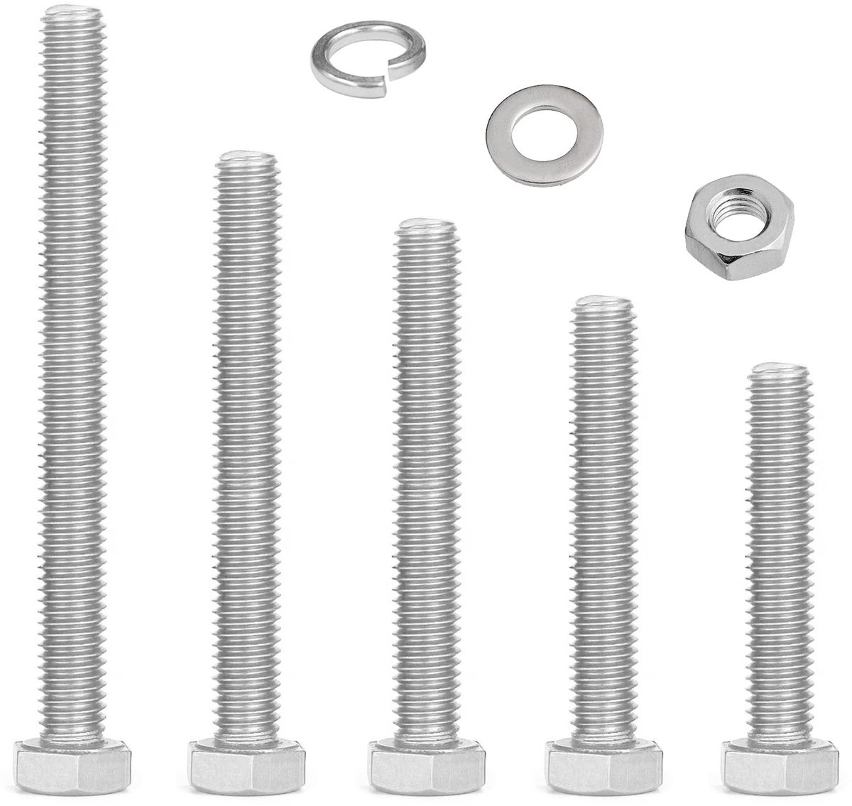 Schroeven Moeren Set, roestvrijstalen zeskantschroeven assortiment met sluitringen, metrische schroefdraadschroeven, langere machineschroeven voor auto, fiets, meubels (50/60/70/80/100mm)