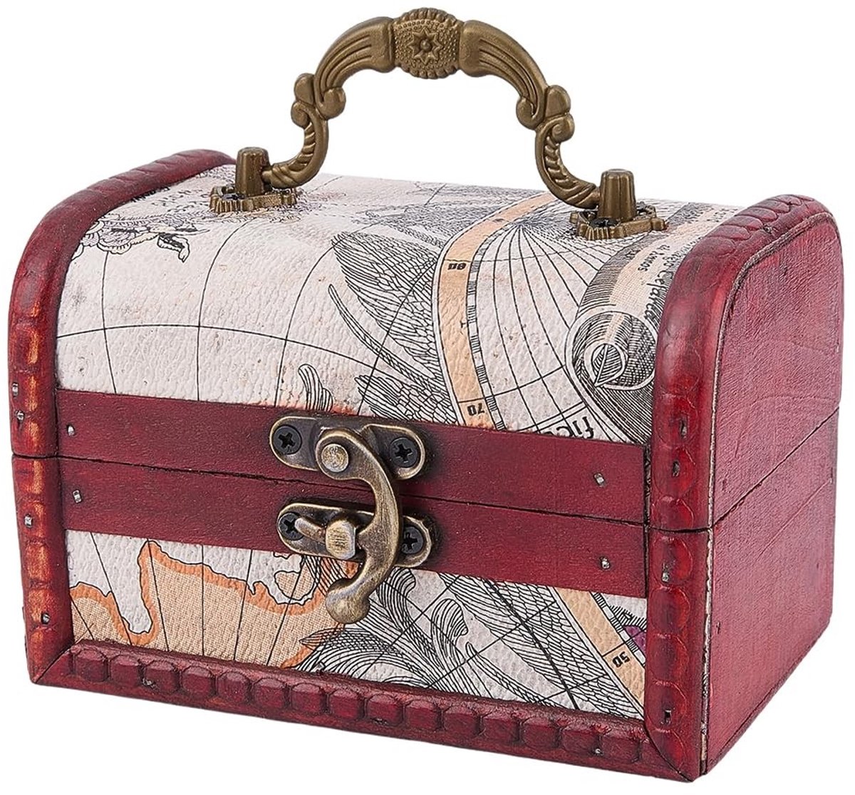 Dailygoods - Sieradendoos, vintage, miniatuur, hout, klein, Europese decoratieve doos van PU-leer, schatkist, retro, piraat, met handvat, voor sieraden, kralen en andere kleine voorwerpen, cadeau
