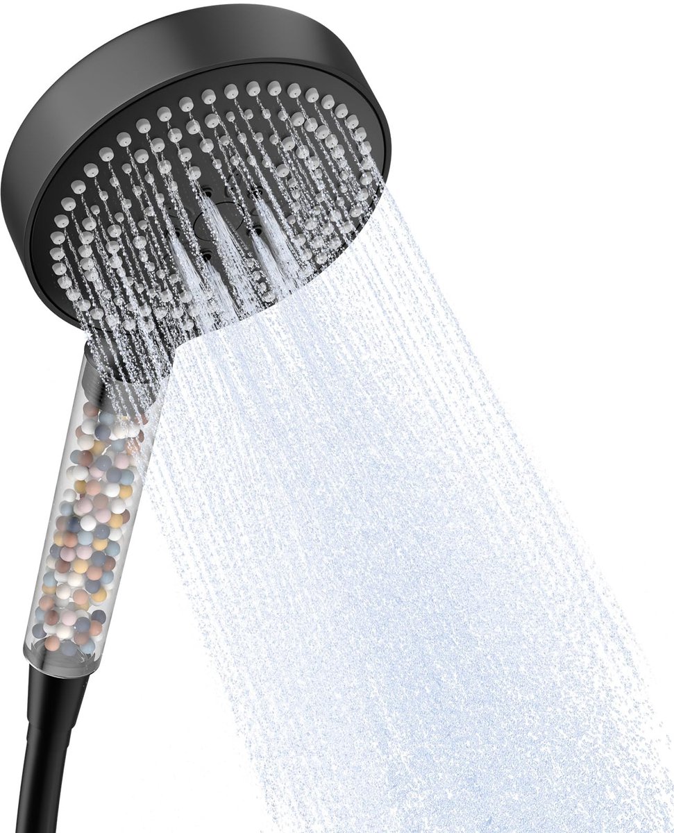 Dailygoods - OFFO gefilterde douchekop, 6 straalsoorten, Groot, Waterbesparend, Met 1.6m slang, Helder handvat met Zwart deksel, Mat Zwart