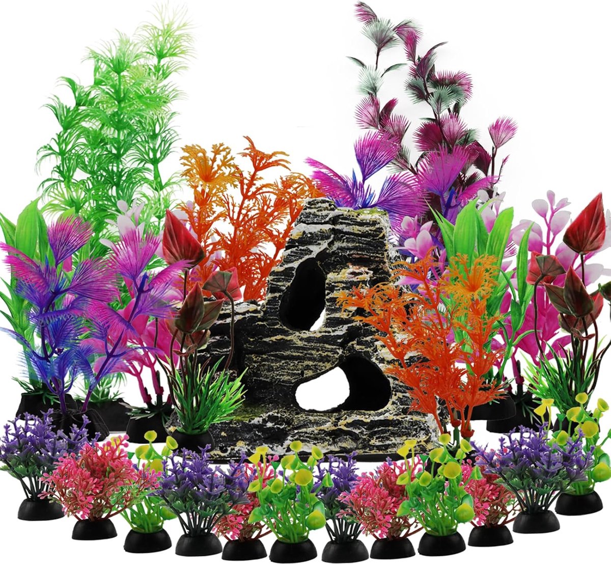 25 stuks aquariumdecoraties, planten met uitzicht op rotstuin, aquariumdecoratie, plastic planten en rotsgrot schuilornamenten, aquariumaccessoires, planten voor aquaria