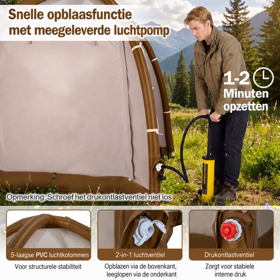 Opblaasbare tent - pblaasbare glamping tent - Waterdicht - Tot 4 personen - Khaki - Camping - Tuin - Glamping - 208 L x 208 B x 196 H cm — afbeelding 2