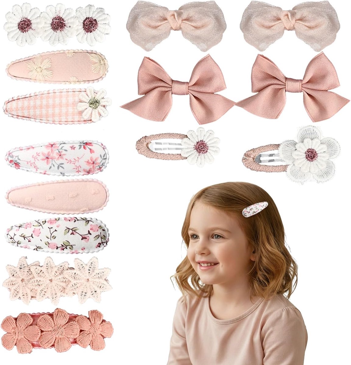 14 Haarklemmen voor Meisjes, Bloemen en Strikken, Baby Haarklemmen voor Peuters en Baby's (Roze)