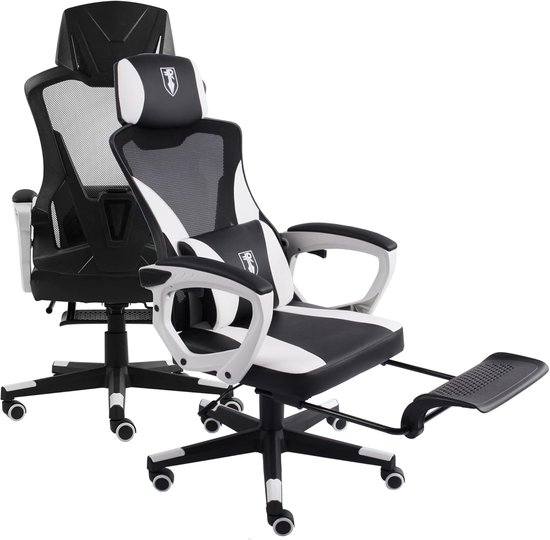 Gamingstoel Racing Design - Bureaustoel Comfort - Lang Zitten - Inklapbare Voetensteun - Tot 120kg - Zwart Wit — afbeelding 4