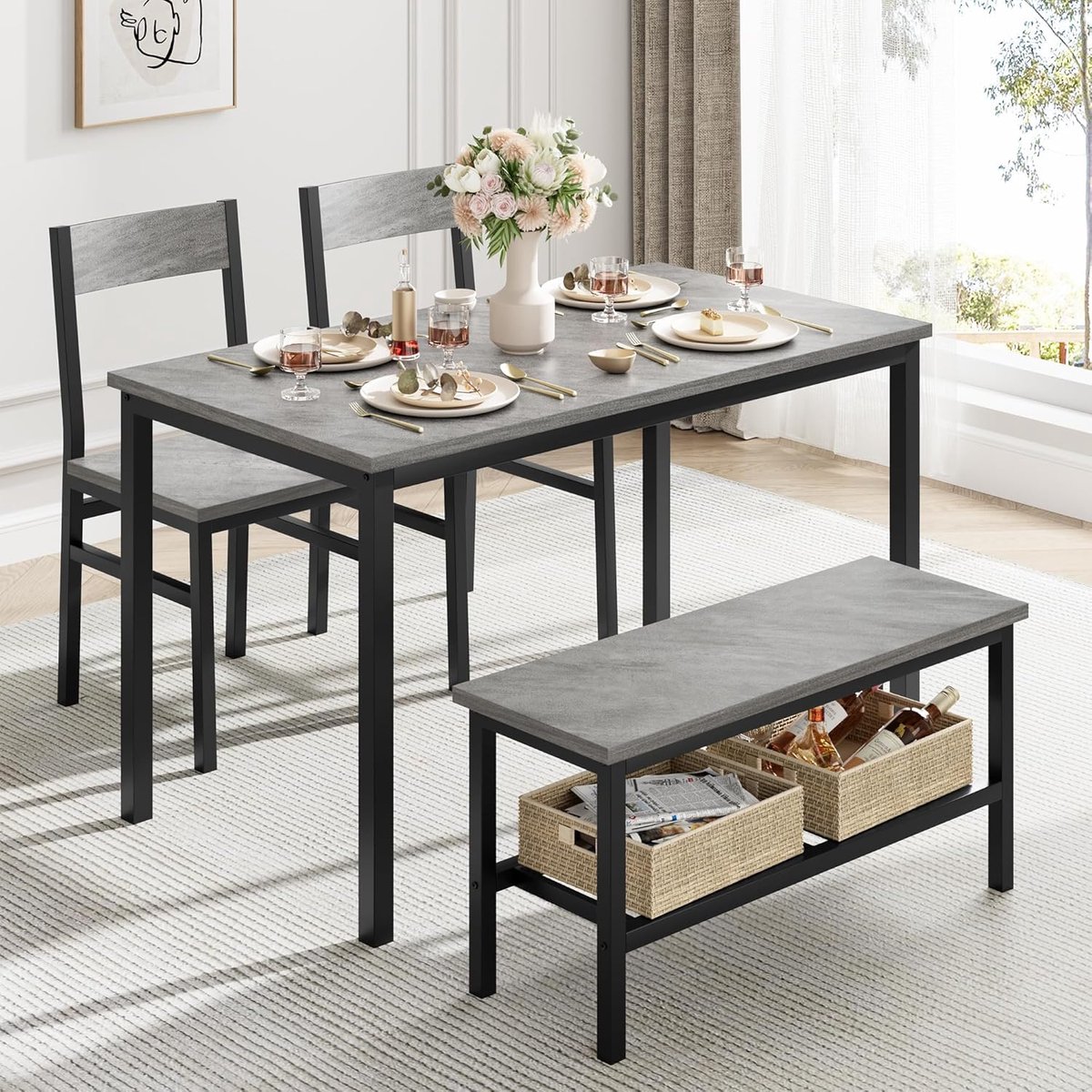 Eettafelset 4-delig, eetgroepen met 2 stoelen met rugleuning en zitbank in metalen frame, legplank, 116 cm, keukentafelset voor 4 personen, industrieel design voor kleine ruimtes, eetkamer, woonkamer