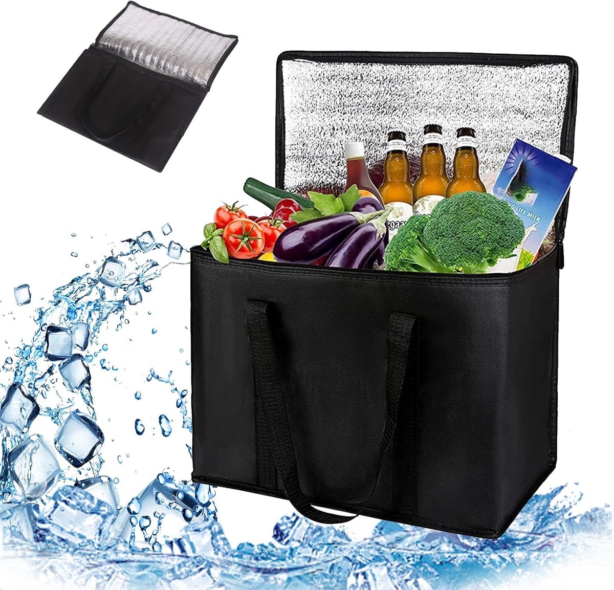 Koeltas, groot, opvouwbaar, 35 liter, thermotas, picknicktas, koeltas, grote ijstas, lunchtas, koelbox voor picknick (zwart)