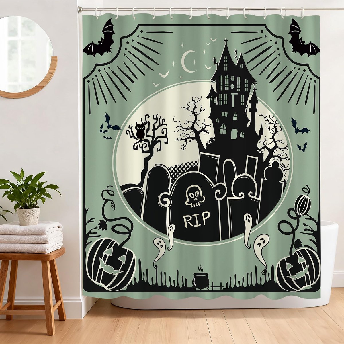 Gordijn, 180 x 180 cm, anti-schimmel, douchegordijn, Halloween, slot, volle maan, geest, pompoen, stof, polyester, waterdicht, badgordijn met oogjes en 12 haken