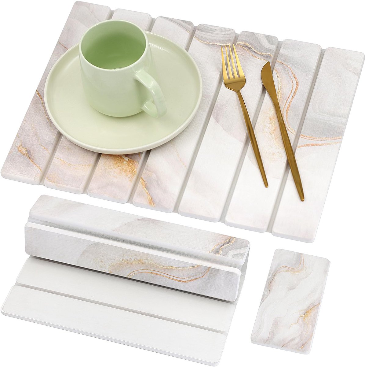 Afdruipmat servies 40 x 30 cm, afdruipmat steen van kiezelgoer, steenmat keuken, waterabsorberend, sneldrogend (wit-goud met zeepbak)