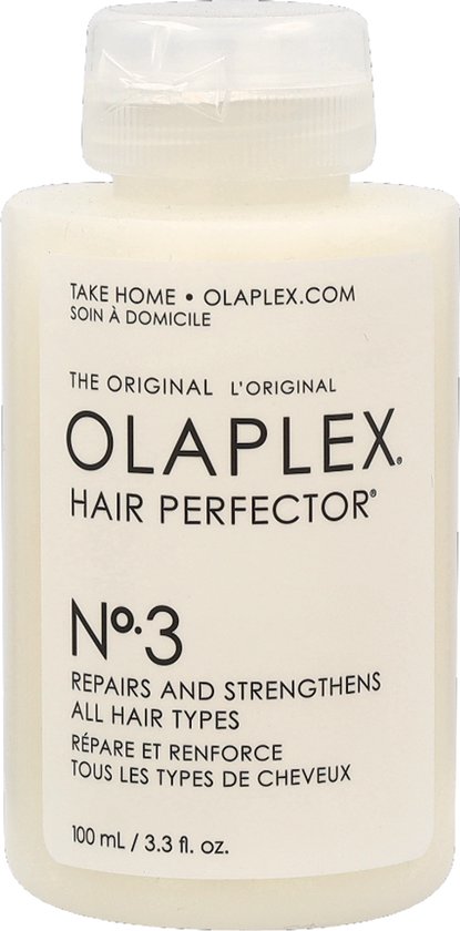 Een olaplex haarperfector nr.3 fles met witte dop.