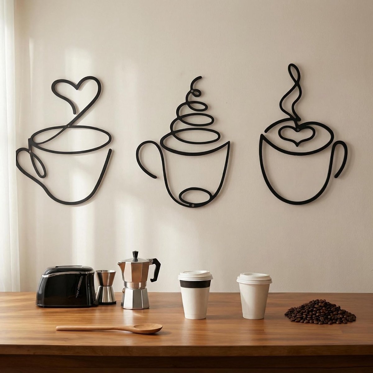 Set van 3 metalen koffiekopjes muurkunst, minimalistische lijn ijzeren muursculptuur, moderne zwarte decoratie voor keuken, café, koffiestation, cadeau voor koffieliefhebbers
