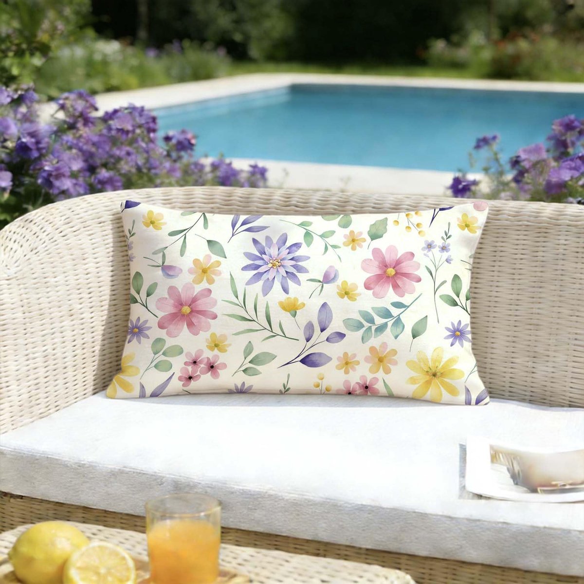 Kussens voor buiten, waterdicht, 30 x 50 cm, decoratieve kussens met bloemen in aquarel, voor bank, slaapkamer, woonkamer, tuin, terras, set van 2