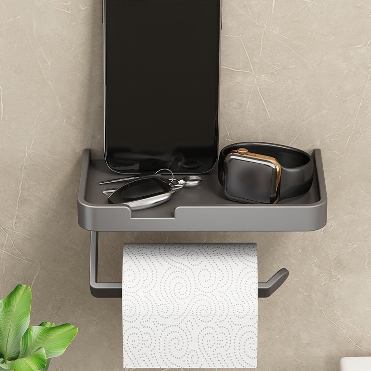 Toiletpapierhouder, toiletpapierhouder met plank, wc-aluminium papierrolhouder met mobiele telefoonhouder, zelfklevend of boren, wordt geleverd met lijm, stretchschroeven, schroeven, (schuine