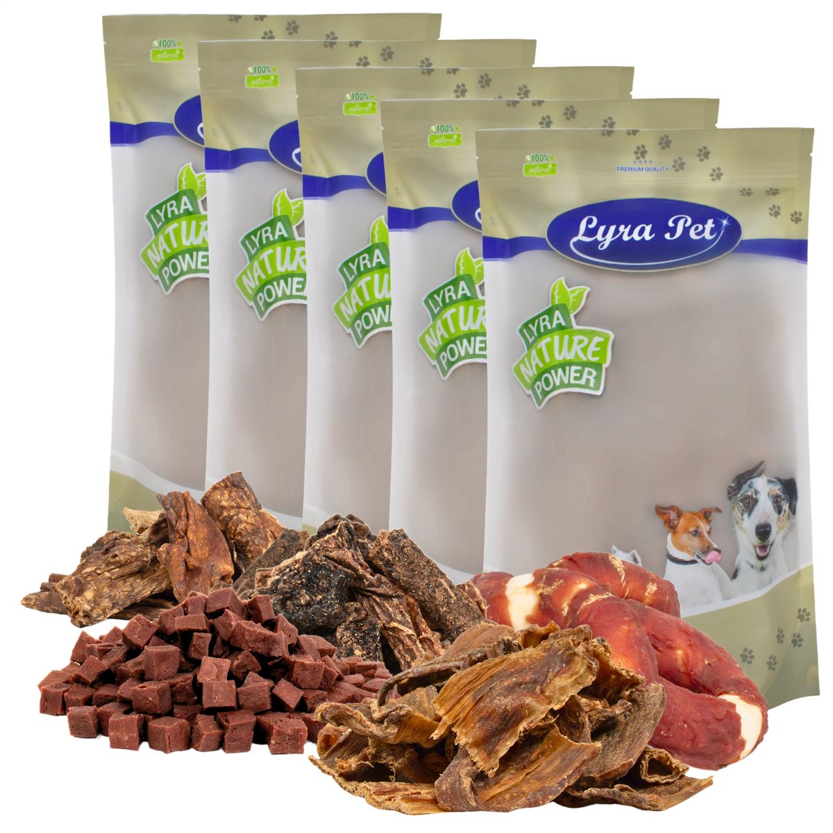 5 x 1 kg Lyra Pet® kauwsnacks voor honden, proefmix – rund, lam & eend