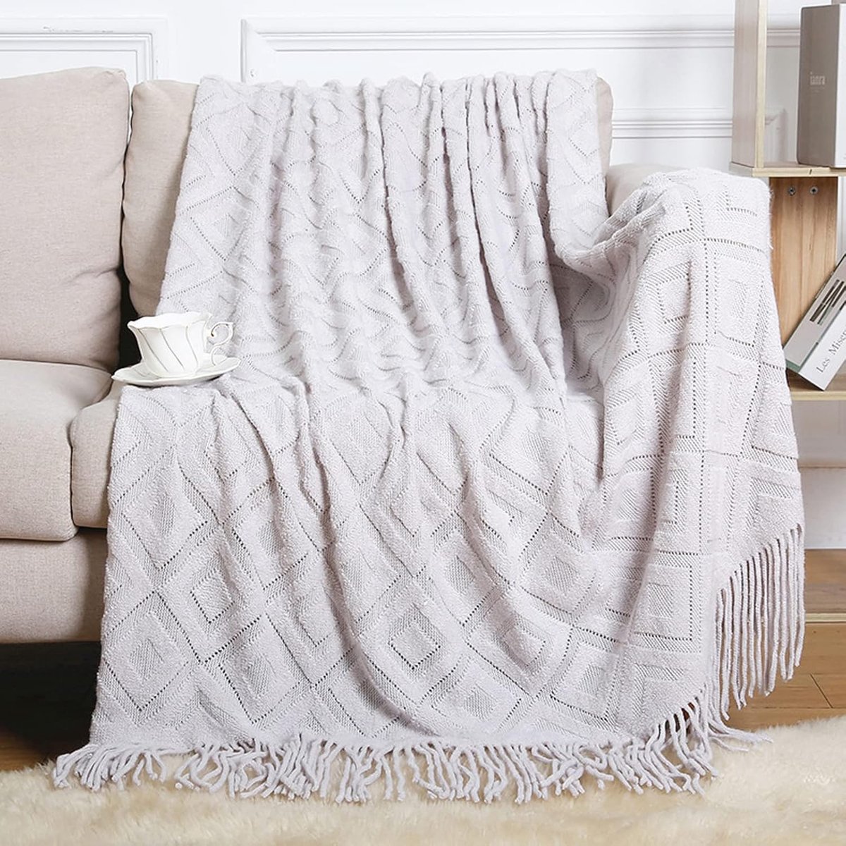 Gebreide deken franjes kwastjes effen kleur jacquard ruitpatroon lichtgewicht zachte plaids fauteuil cover decoratieve deken voor bank slaapbank bank bank bank 170 x 130 cm